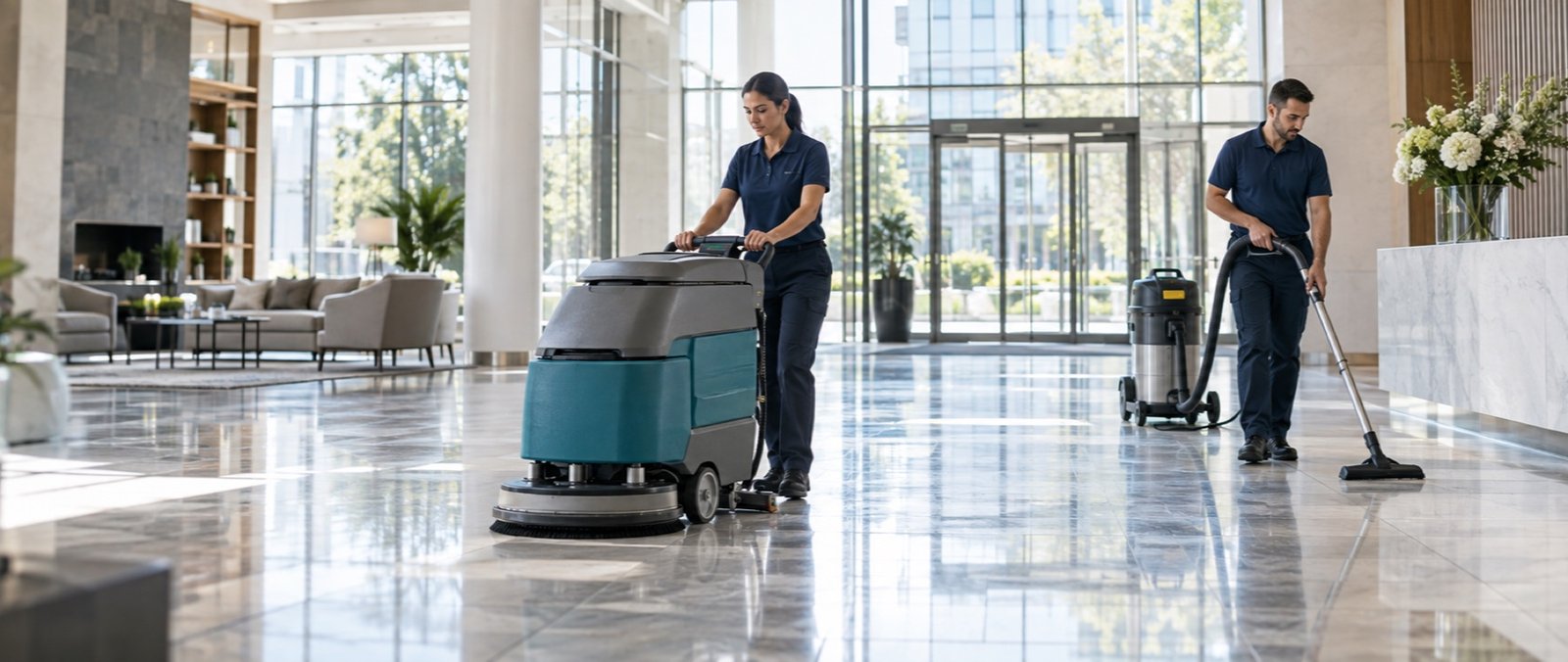 Two professional cleaners use a floor scrubber and commercial vacuum in a bright lobby.