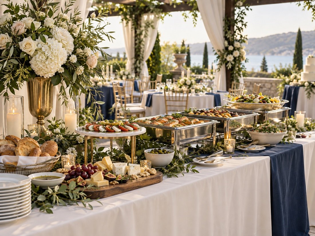 A styled catered buffet surrounded by coordinated florals, linens and event decor.