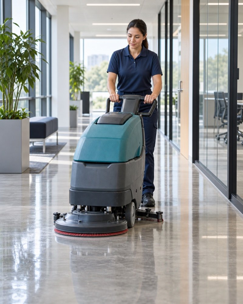 A professional cleaner operating a commercial floor scrubber in a bright office.