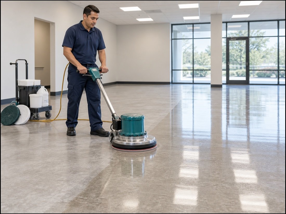 A professional cleaner waxing a commercial floor with a rotary buffer.