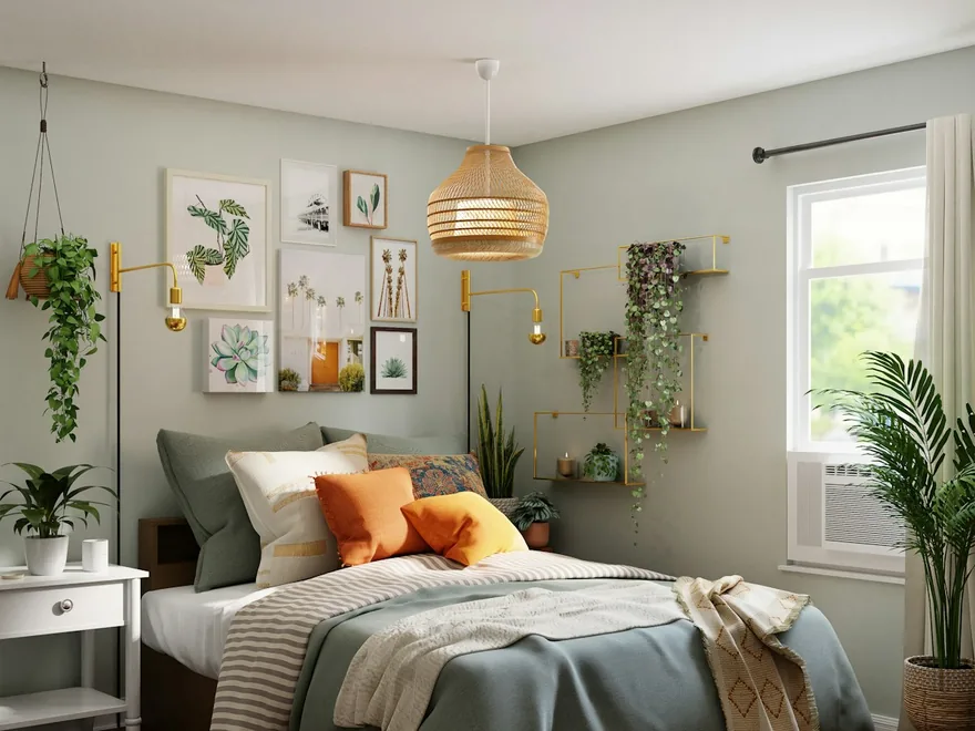A tidy, made bed in a bright bedroom with plants and soft light.