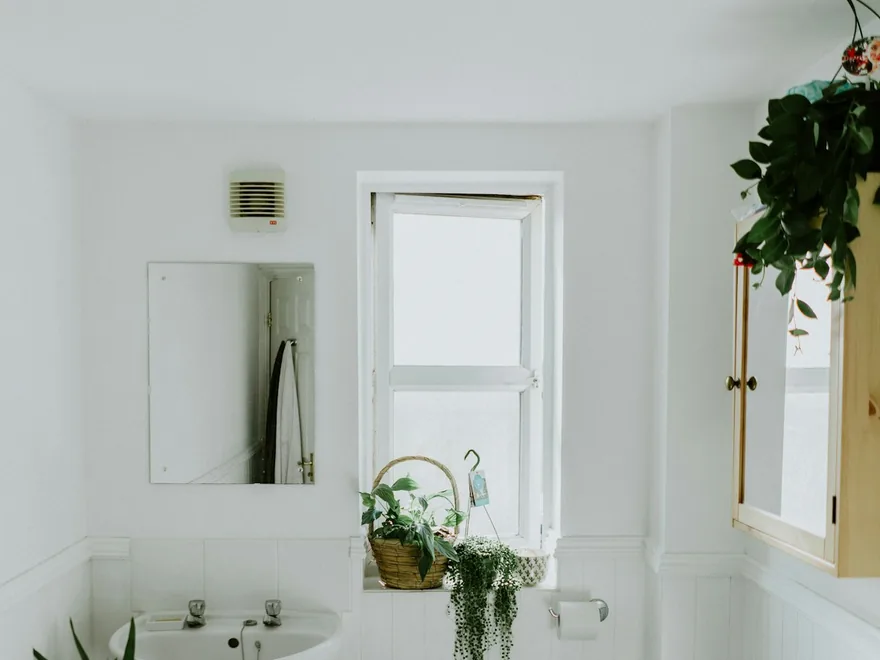 A spotless white bathroom with a checkered tile floor and plants.