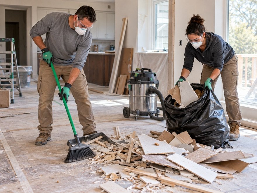 Professional cleaners sweeping and bagging drywall, wood and plaster debris inside a renovated property.