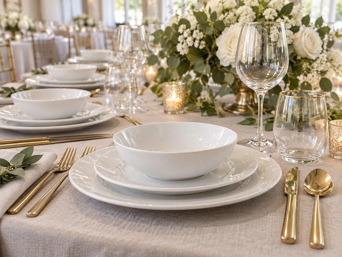 Coordinated white dinner plates and bowls arranged on an elegant event table.