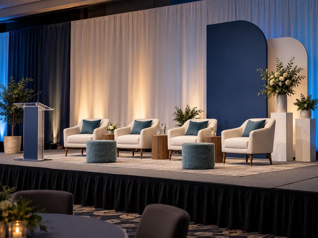 A professionally arranged event stage with panel chairs, a lectern and display furniture.